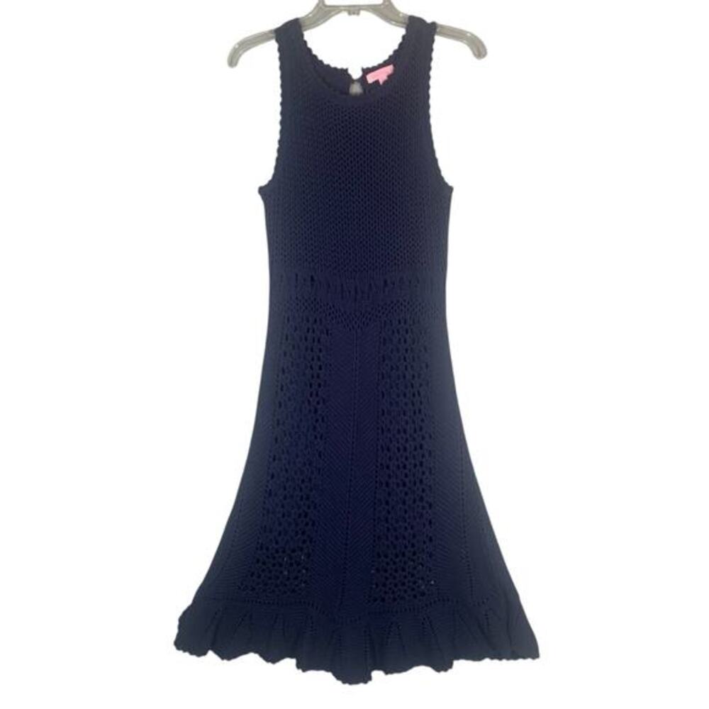 Lilly Pulitzer Molly True Navy Harbor Crochet Sleeveless Sweater Dress. Sz L